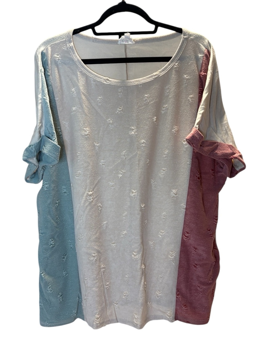 Women’s Colorblock Rolled-Sleeve Top in Cream, Blue & dusty red